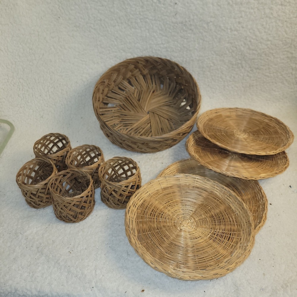 Vintage Wicker Basket Set Handwoven‎ Rattan Trays Bowls Rustic Boho Decor